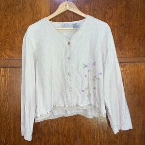 Kathie Lee Vintage Linen Blend Cardigan Floral Embroidered Coastal Women's L